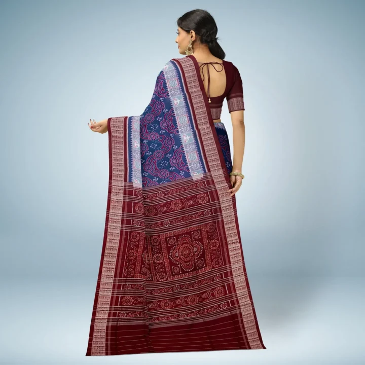 Sambalpuri Cotton Saree with Maroon & Blue Border