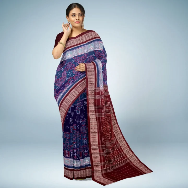 Sambalpuri Cotton Saree with Maroon & Blue Border